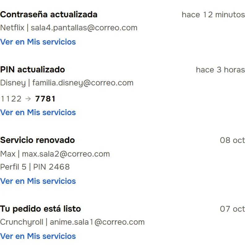 Notificaciones del portal de Lufynet: contraseña actualizada, PIN actualizado, servicio renovado y pedido listo