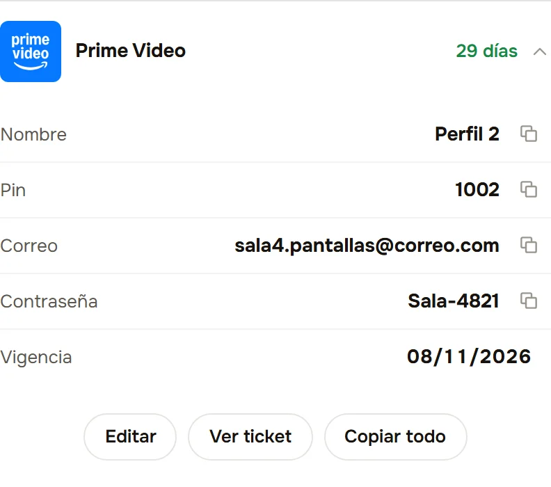 Un servicio en el portal de Lufynet con perfil, PIN, correo, contraseña y vigencia, y los botones Editar, Ver ticket y Copiar todo